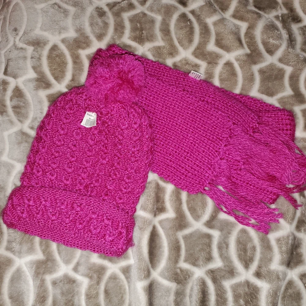 Pom Pom Knit Beanie and Scarf Set - Hot Pink
